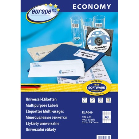 Etykiety Uniwersalne Economy Europe100 By Avery Zweckform, A4, 100 Ark./Op., 52,5 X 29,7 Mm, Białe Ela049