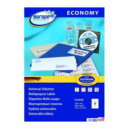 Etykiety Uniwersalne Economy Europe100 By Avery Zweckform, A4, 100 Ark./Op., 105 X 70 Mm, Białe Ela036
