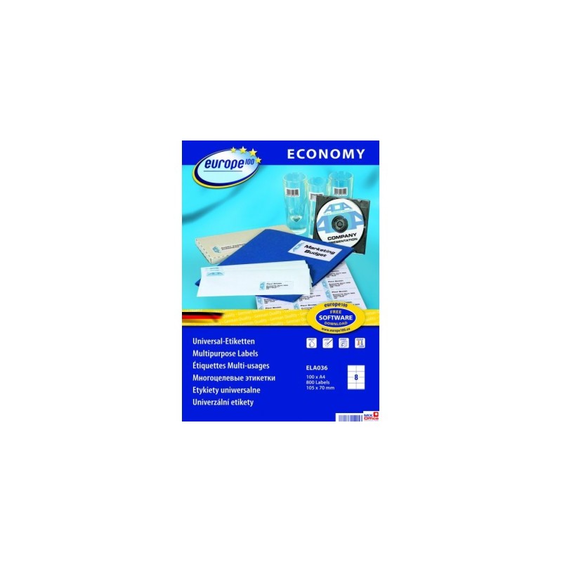 Etykiety Uniwersalne Economy Europe100 By Avery Zweckform, A4, 100 Ark./Op., 105 X 70 Mm, Białe Ela036
