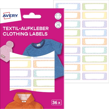 Naklejki Na Ubrania  46 X 13 Mm, 2 Ark/36 Naklejek, Pastelowe, Avery Etvet36M