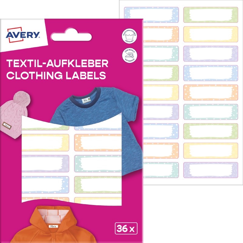 Naklejki Na Ubrania  46 X 13 Mm, 2 Ark/36 Naklejek, Pastelowe, Avery Etvet36M