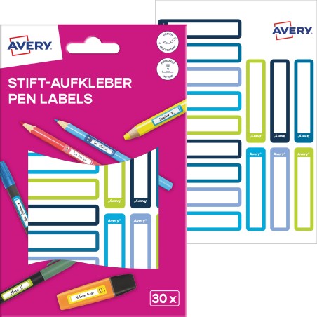 Naklejki Na Przybory Do Pisania  50 X 10 Mm , 30 Naklejek.  Zielone / Niebieskie Ramki, Avery Resmi30G