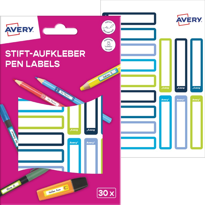 Naklejki Na Przybory Do Pisania  50 X 10 Mm , 30 Naklejek.  Zielone / Niebieskie Ramki, Avery Resmi30G