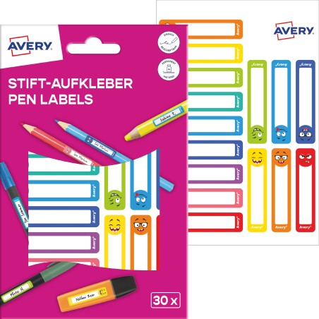 Naklejki Na Przybory Do Pisania  50 X 10 Mm , 30 Naklejek.  Kolorowe Buźki, Avery Resmi30S
