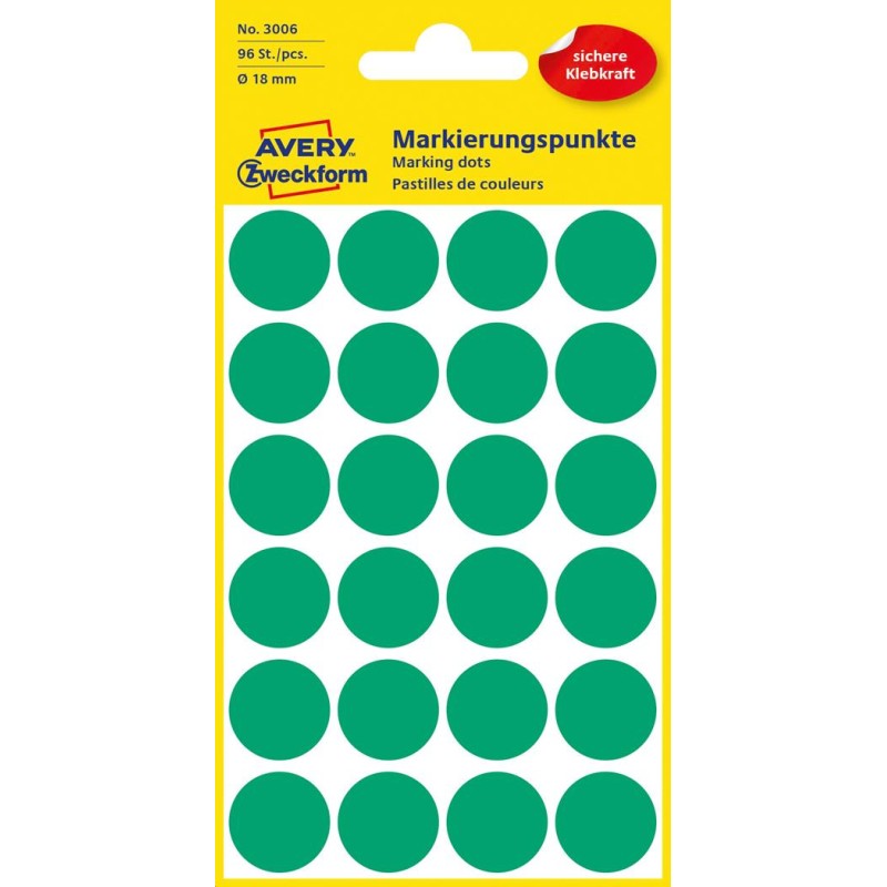 Kółka Do Zaznaczania Śr. 18 Mm, Zielone Etykiety Papierowe, Etykiety Okrągłe Z Trwałym Klejem, Etykiety Do Oznaczenia 96 Etyk. /