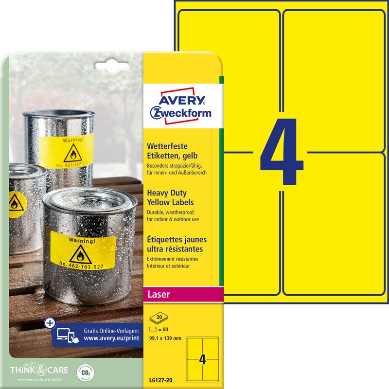 Etykiety A4 Avery Heavy Duty 99,1*139Mm Żółte (20)