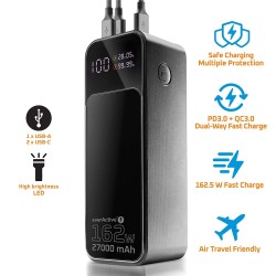 Everactive Powerbank 27 000Mah, 1X Usb, 2X Usb-C, 162,5W, Qc4+, Wbudowana Latarka, Wyświetlacz Lcd, Czarny Eb-27Q