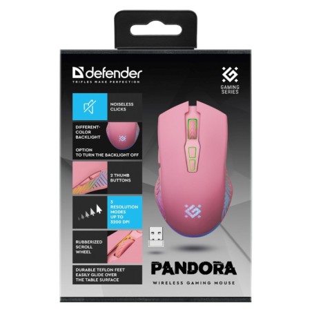 Defender Mysz Bezprzewodowa Pandora Gm-502 Rf 3200Dpi 7P Różowa 52501