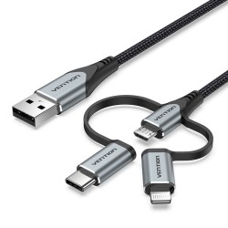 Kabel Vention Usb-A  3W1 Micro-B Usb-C Lightning 1M Szary