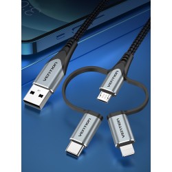 Kabel Vention Usb-A  3W1 Micro-B Usb-C Lightning 1M Szary