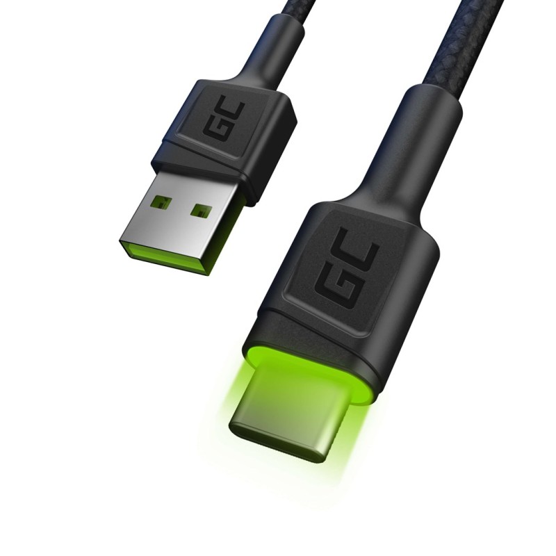 Green Cell Kabel Kabgc06 Gc Ray Usb - Usb-C 120Cm, Zielony Led, Szybkie Ładowanie Ultra Charge, Qc 3.0