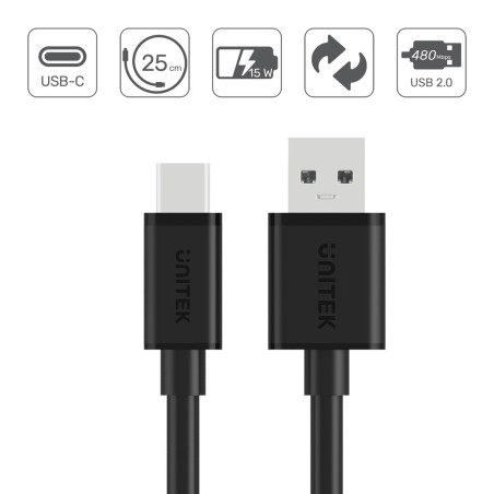 Unitek Usb Cable Usb-A — Usb-C 25Cm, Y-C480Bk