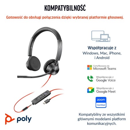Słuchawki Poly Blackwire 3325 Stereo Ms Teams Certified Usb-C Headset +3.5Mm Plug +Usb-C/A Adapter 8X222Aa