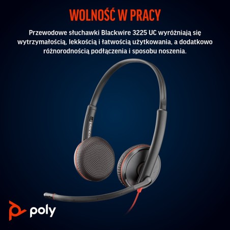 Poly Zestaw Słuchawkowy Blackwire 3225 Stereo Usb-C + Wtyczka 3,5 Mm + Przejściówka Usb-C/A