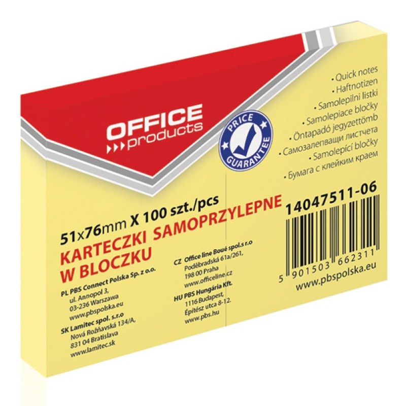 Bloczek Samoprzylepny , 51X76Mm, 1X100 Kart., Pastel, Jasnożółty, Typu Office Products 14047511-06