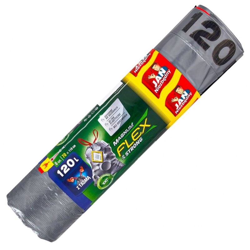 Jan Niezbędny Worki Na Śmieci , Magnum Flex&Strong, Ldpe, Z Taśmą, 120L, 8Szt., Czarne, Sa-Jn-312736