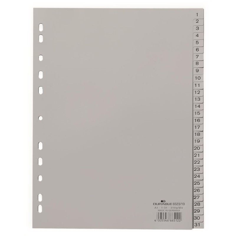 Przekładki Pp A4 Szare, Nadrukowane Indeksy, 1-31 Szary 652310 Durable