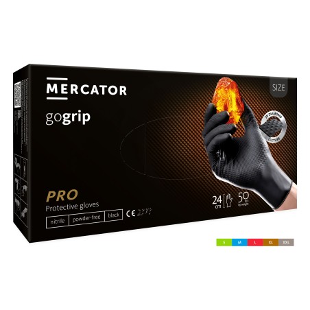 Rękawice Nitrylowe Bezpudrowe Mocne/Grube Mercator, Gogrip Czarne, (50 Szt.), Rozmiar L, Rp30060004
